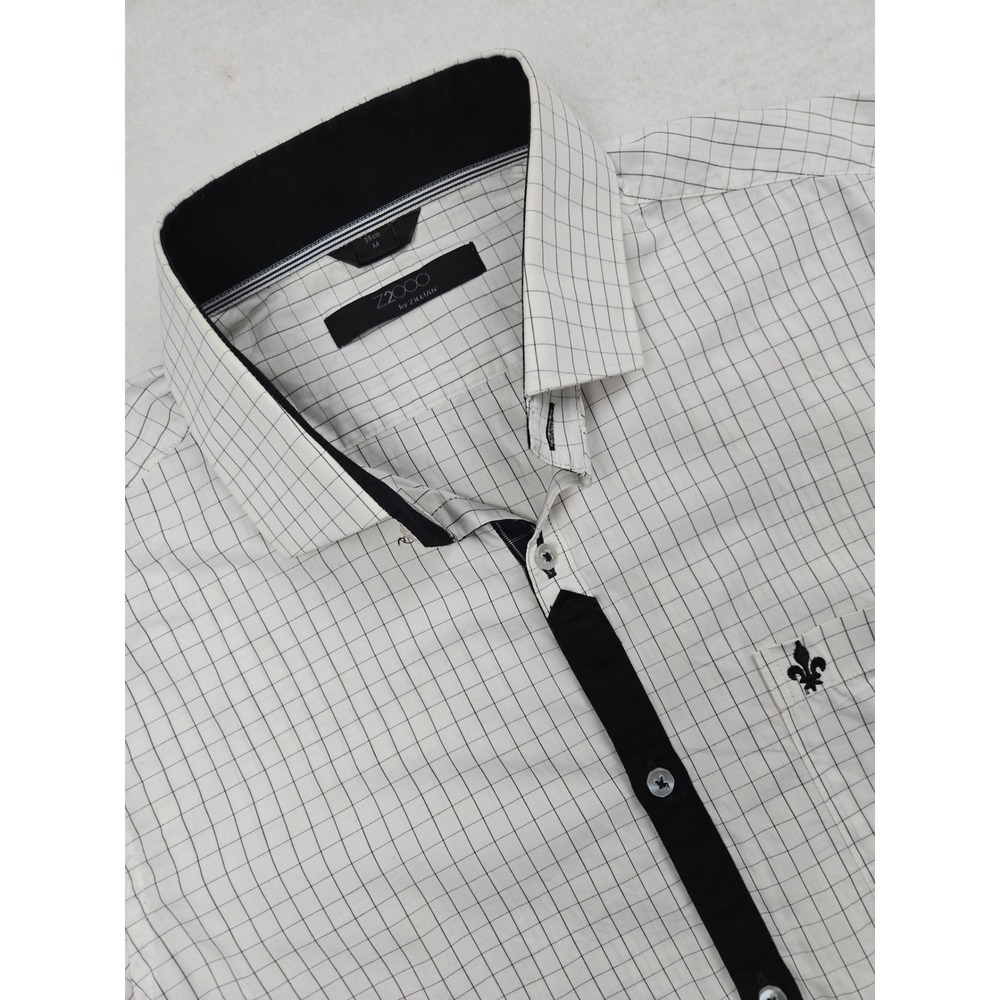 Slim Fit White Check Button-Down Shirt with Black Trim